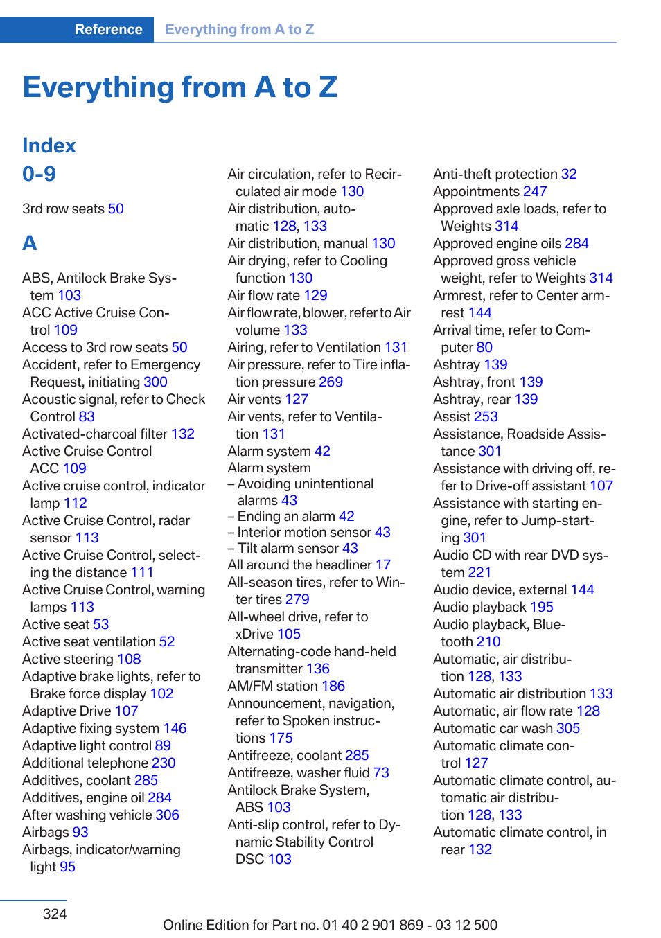 Everything from a to z, Index 0-9 | BMW 2013 X5 User Manual | Page 324 / 339