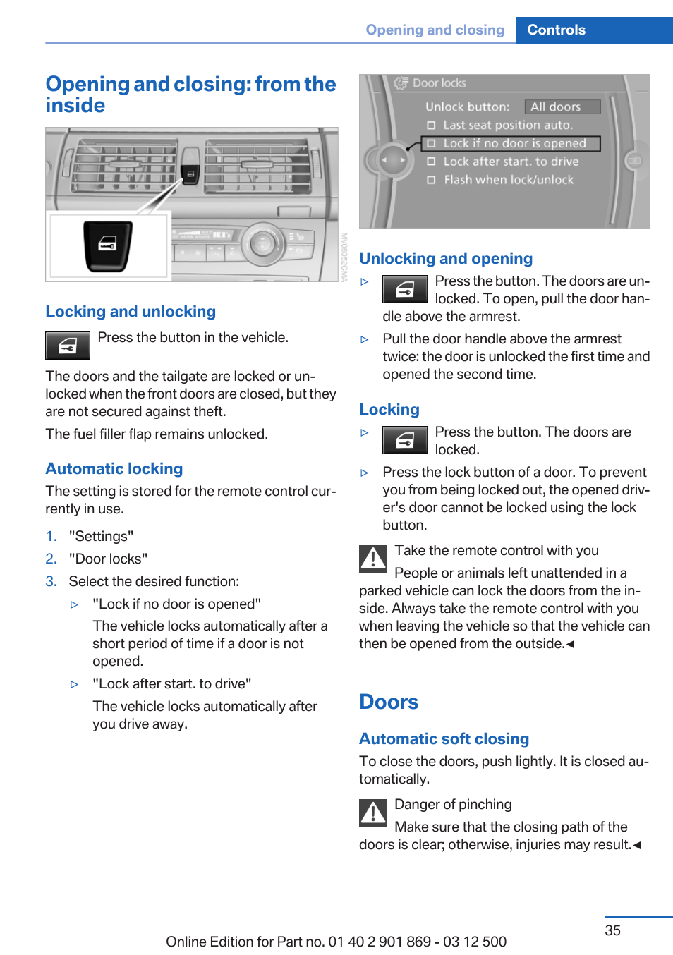 Opening and closing: from the inside, Doors, Central locking system | BMW 2013 X5 User Manual | Page 35 / 339