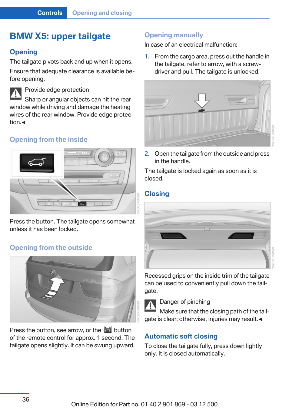 Bmw x5: upper tailgate | BMW 2013 X5 User Manual | Page 36 / 339