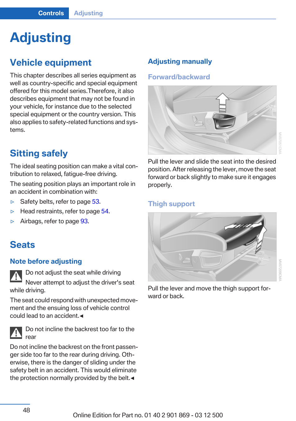 Adjusting, Vehicle equipment, Sitting safely | Seats | BMW 2013 X5 User Manual | Page 48 / 339