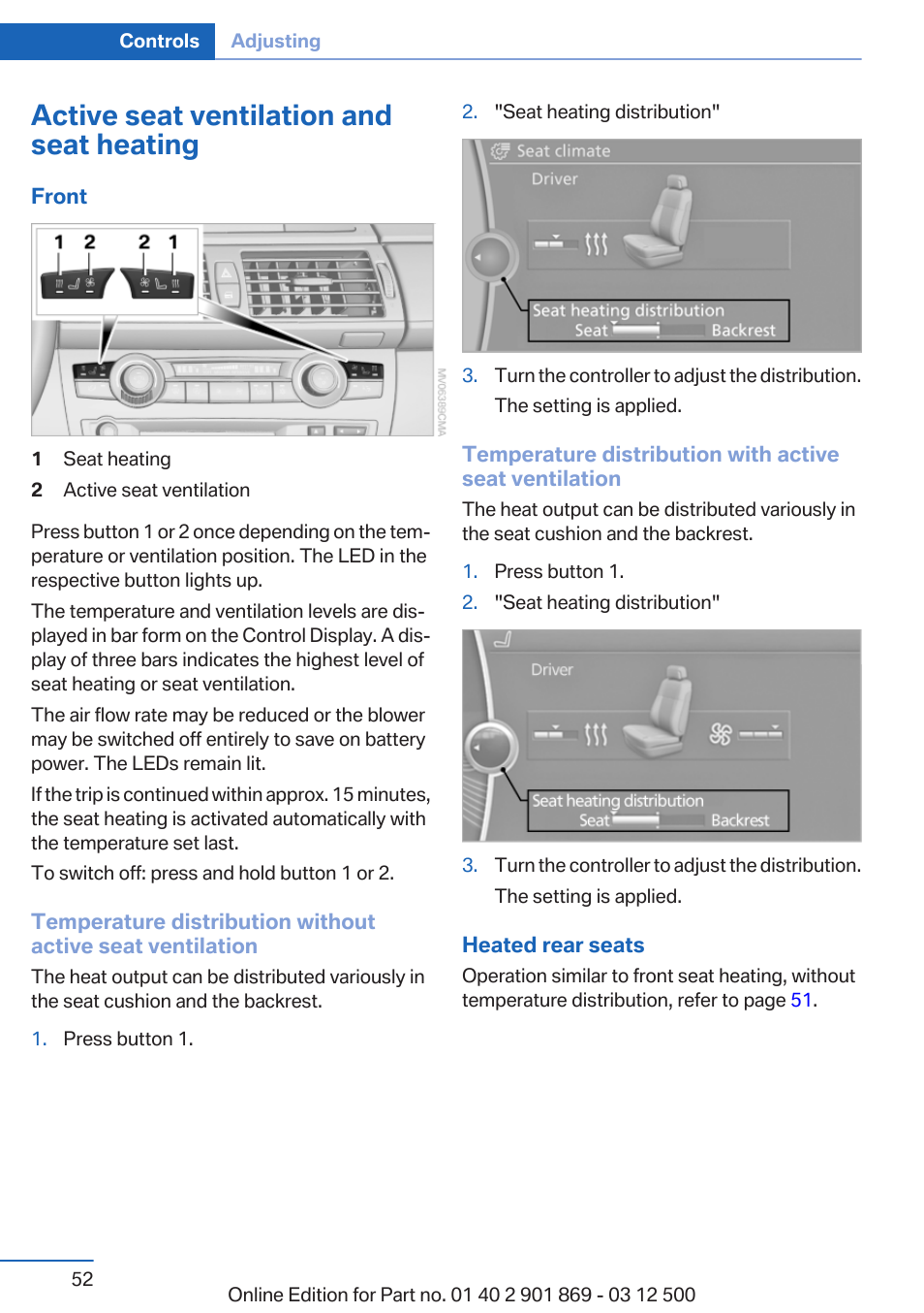 Active seat ventilation and seat heating | BMW 2013 X5 User Manual | Page 52 / 339