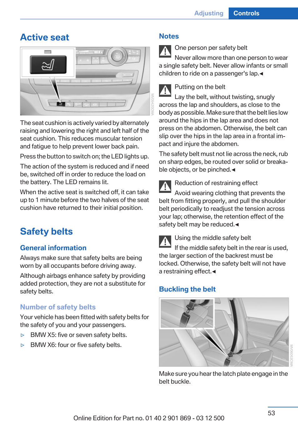 Active seat, Safety belts | BMW 2013 X5 User Manual | Page 53 / 339