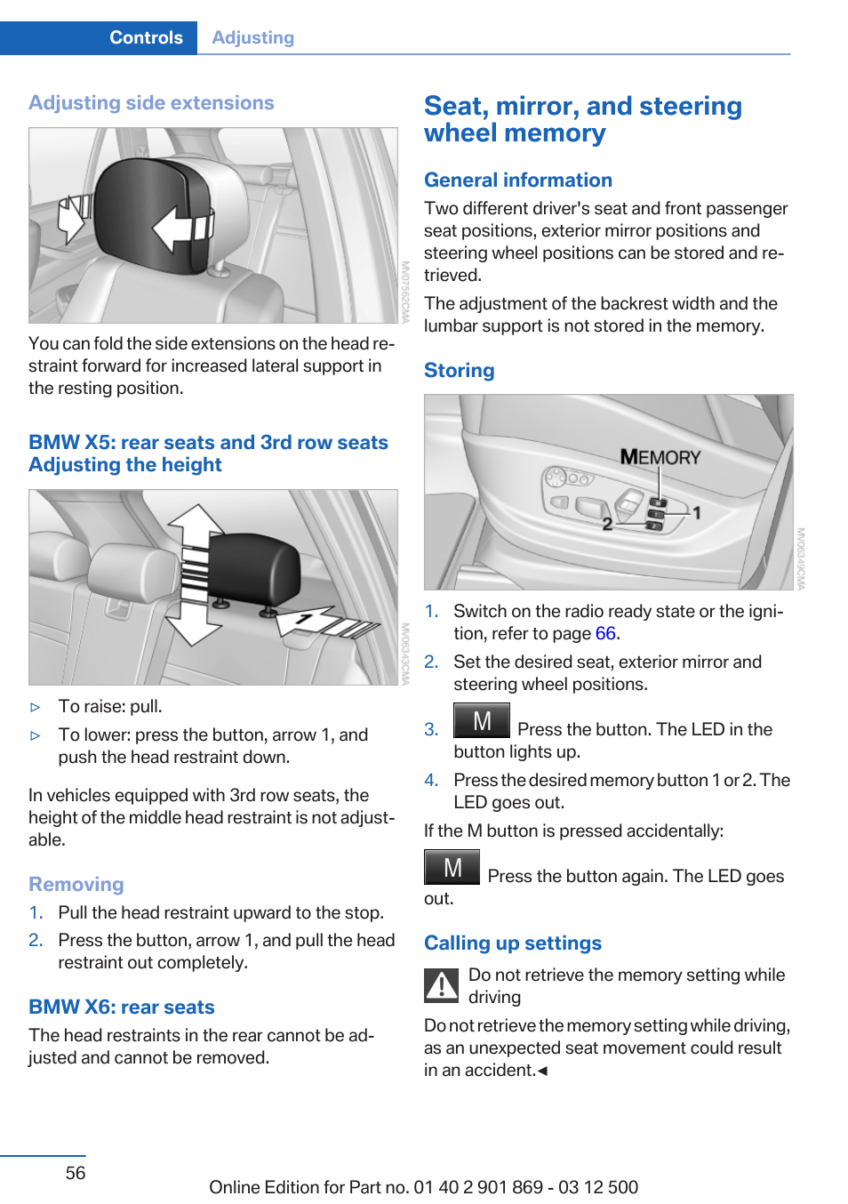 Seat, mirror, and steering wheel memory | BMW 2013 X5 User Manual | Page 56 / 339