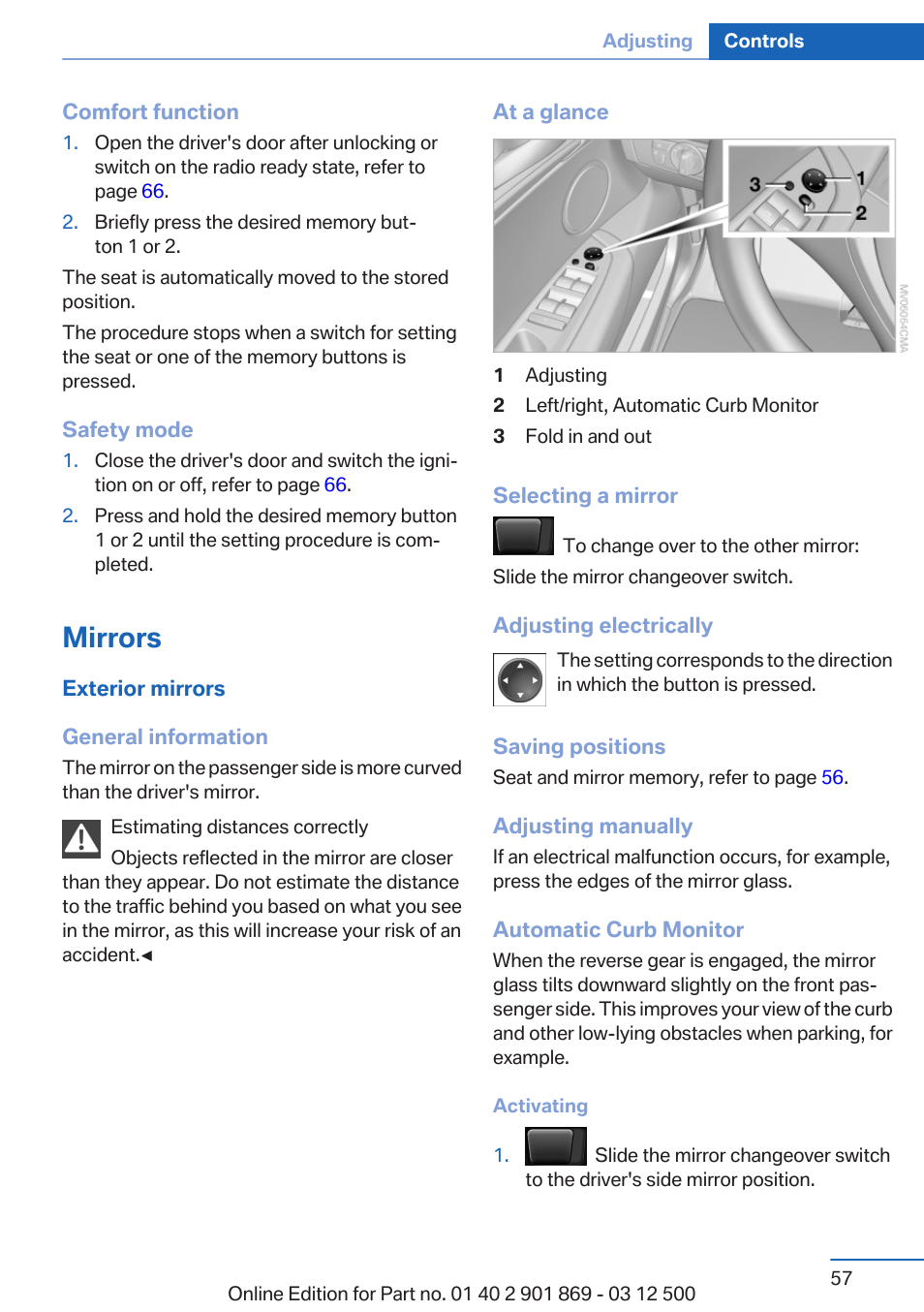 Mirrors, Exterior mirror operation | BMW 2013 X5 User Manual | Page 57 / 339