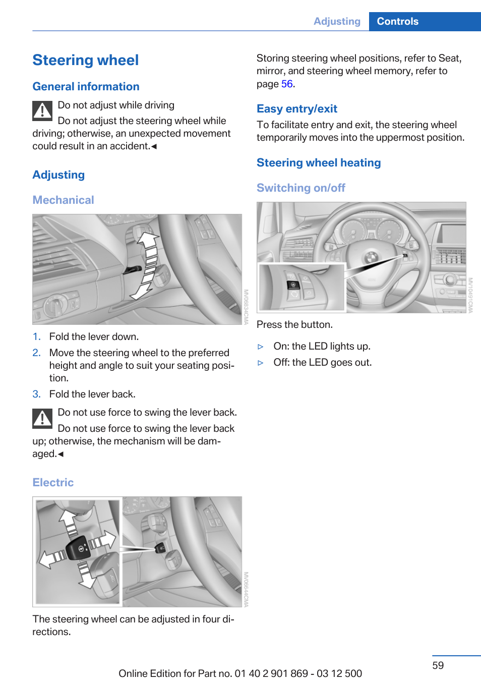 Steering wheel, Steering wheel heating | BMW 2013 X5 User Manual | Page 59 / 339