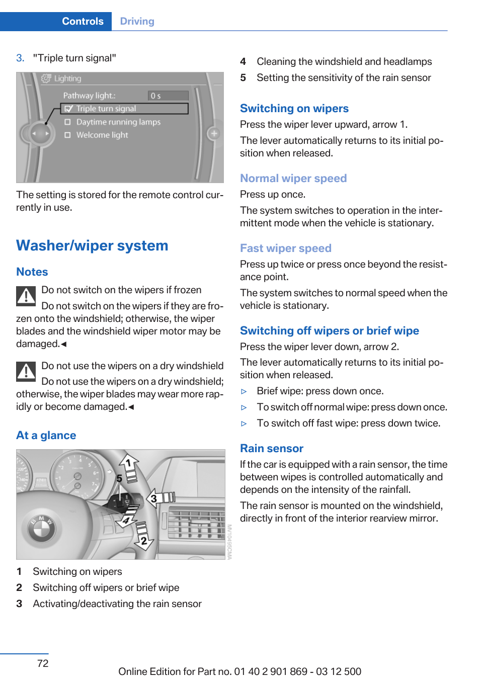 Washer/wiper system | BMW 2013 X5 User Manual | Page 72 / 339