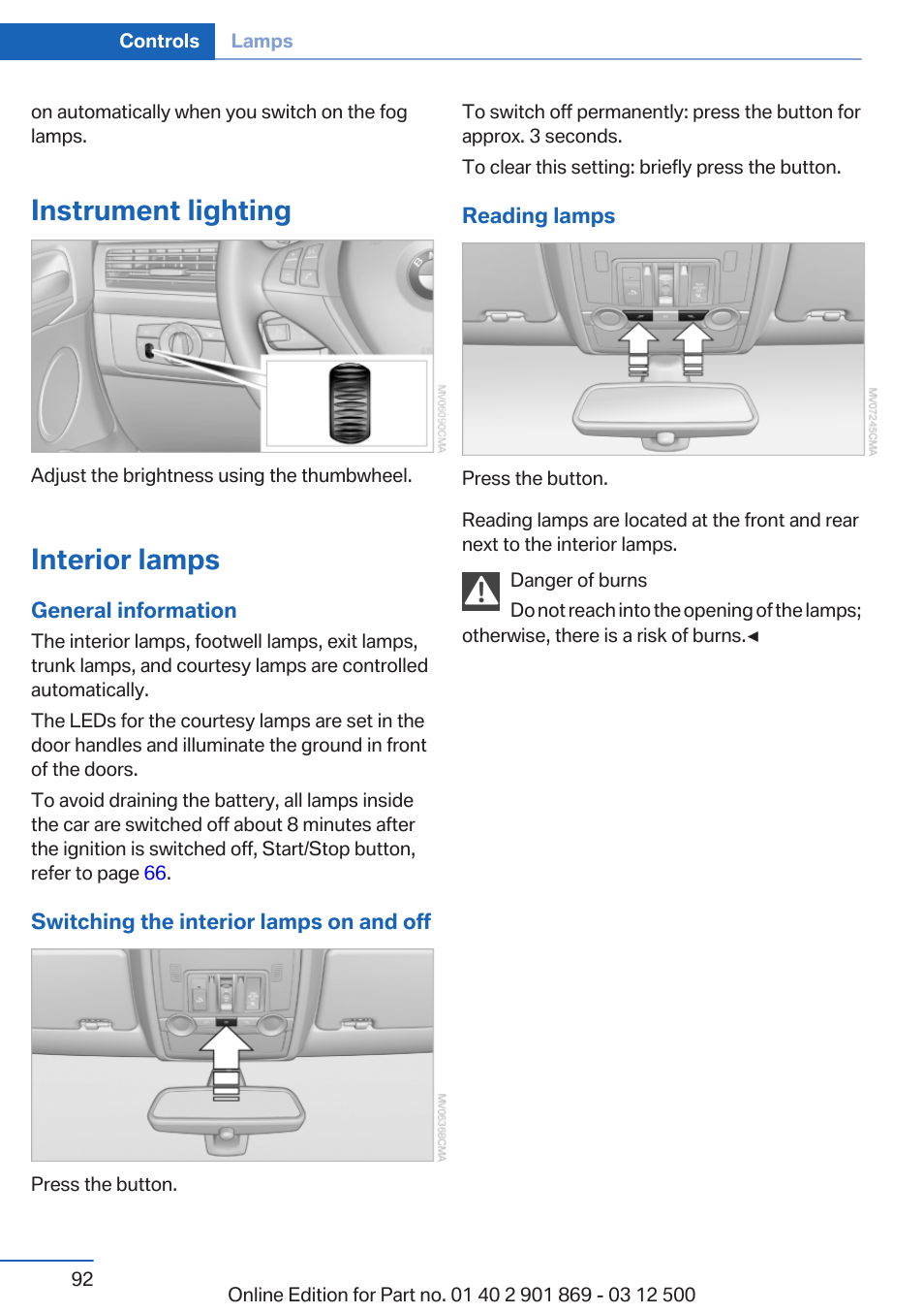 Instrument lighting, Interior lamps | BMW 2013 X5 User Manual | Page 92 / 339