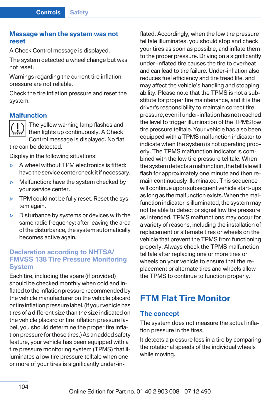 Ftm flat tire monitor | BMW 2013 5 Series User Manual | Page 104 / 252