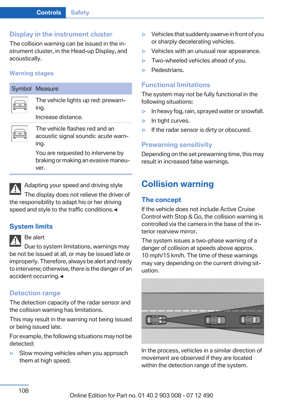 Collision warning | BMW 2013 5 Series User Manual | Page 108 / 252