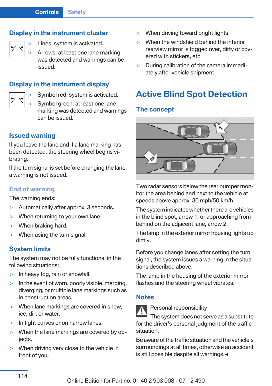 Active blind spot detection, Tion | BMW 2013 5 Series User Manual | Page 114 / 252