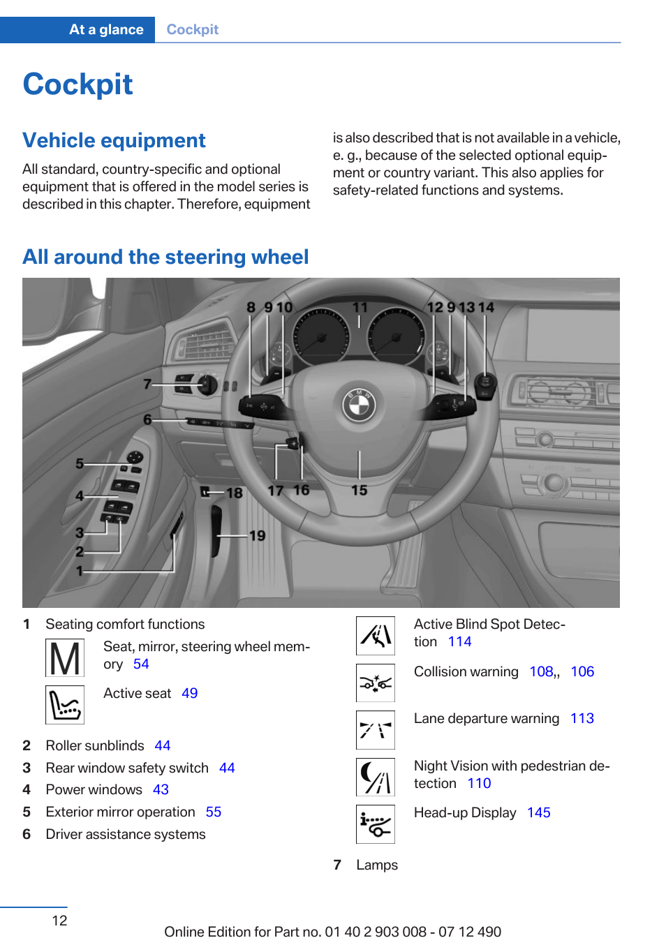 Cockpit, Vehicle equipment, All around the steering wheel | BMW 2013 5 Series User Manual | Page 12 / 252