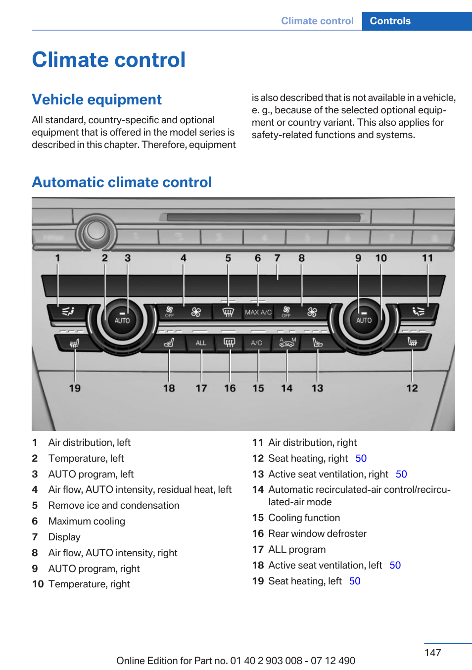 Climate control, Vehicle equipment, Automatic climate control | BMW 2013 5 Series User Manual | Page 147 / 252