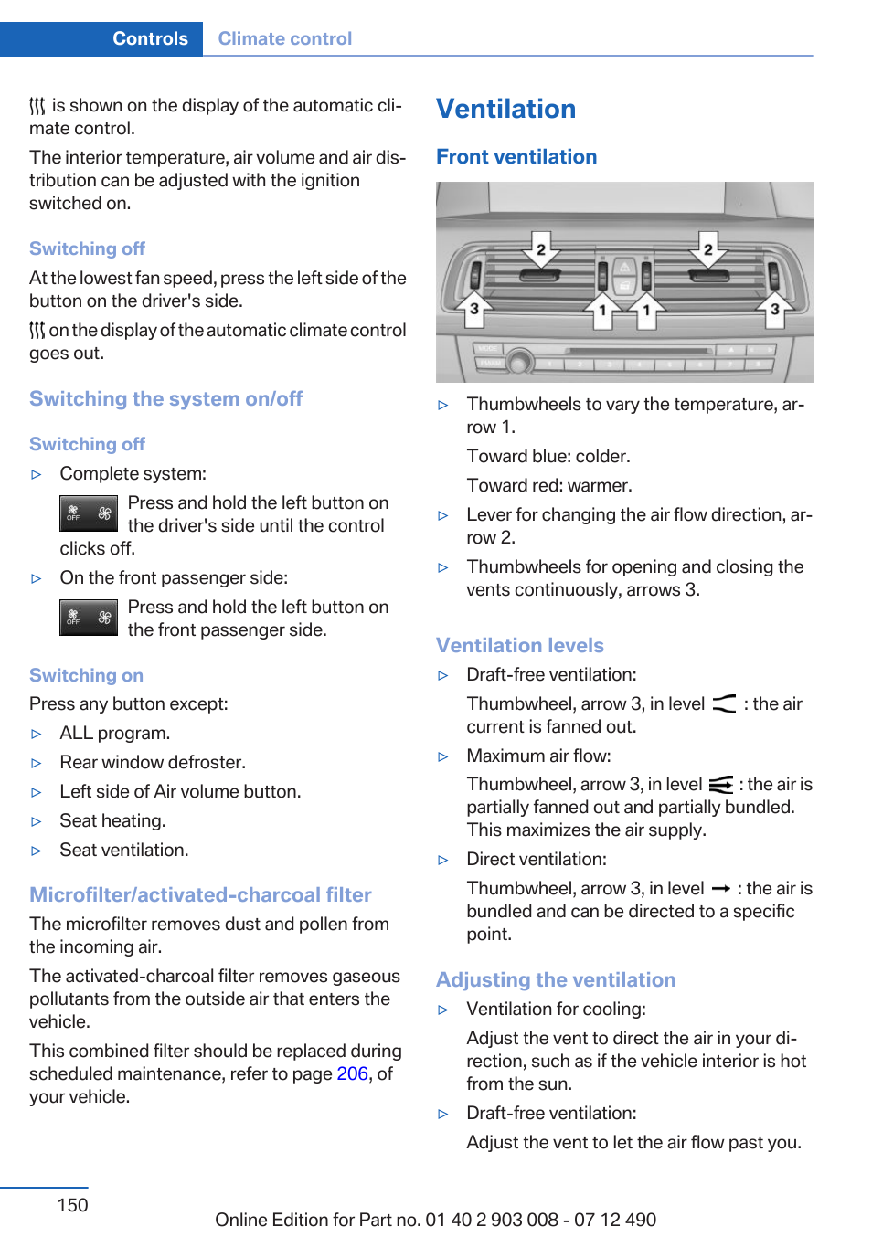 Ventilation | BMW 2013 5 Series User Manual | Page 150 / 252