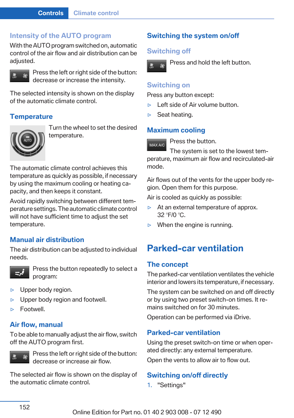 Parked-car ventilation | BMW 2013 5 Series User Manual | Page 152 / 252