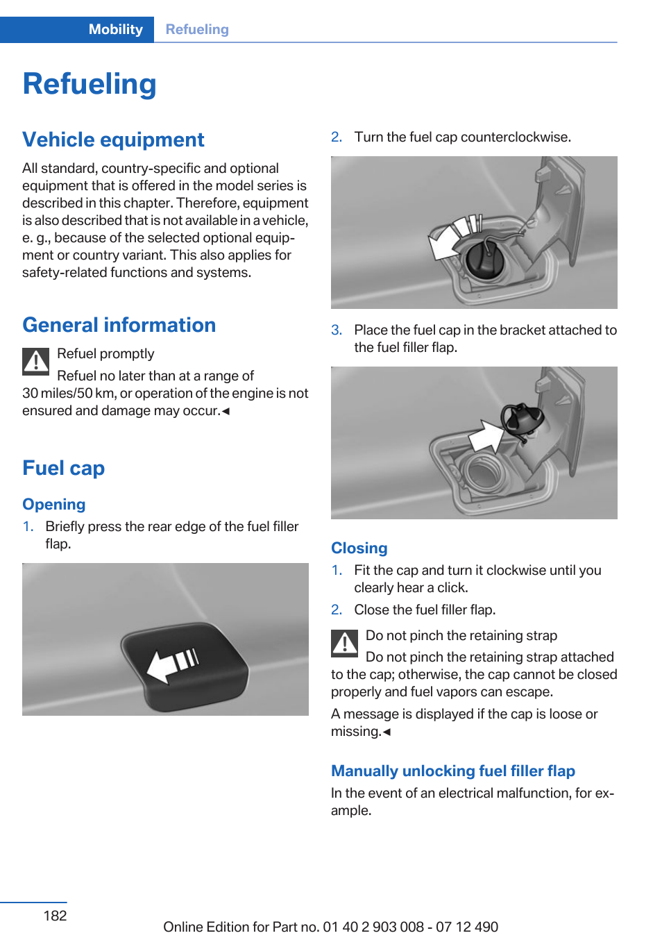 Refueling, Vehicle equipment, General information | Fuel cap | BMW 2013 5 Series User Manual | Page 182 / 252