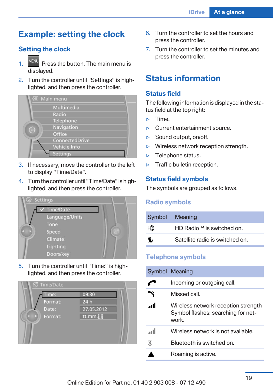 Example: setting the clock, Status information | BMW 2013 5 Series User Manual | Page 19 / 252