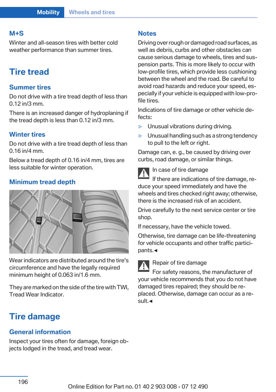 Tire tread, Tire damage | BMW 2013 5 Series User Manual | Page 196 / 252