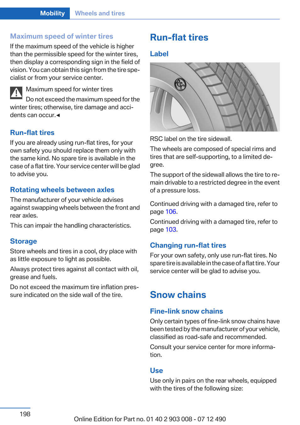 Run-flat tires, Snow chains | BMW 2013 5 Series User Manual | Page 198 / 252