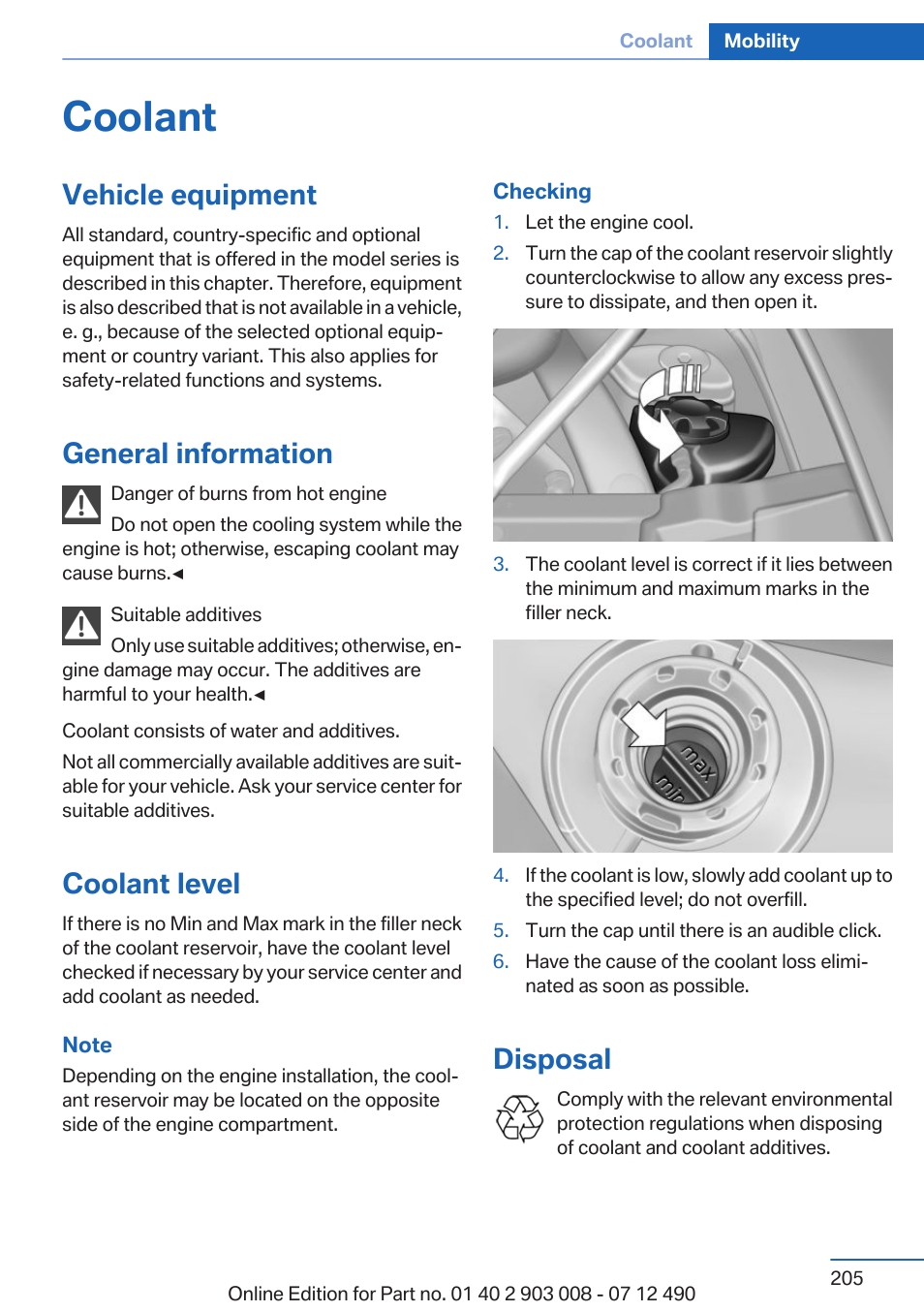 Coolant, Vehicle equipment, General information | Coolant level, Disposal | BMW 2013 5 Series User Manual | Page 205 / 252