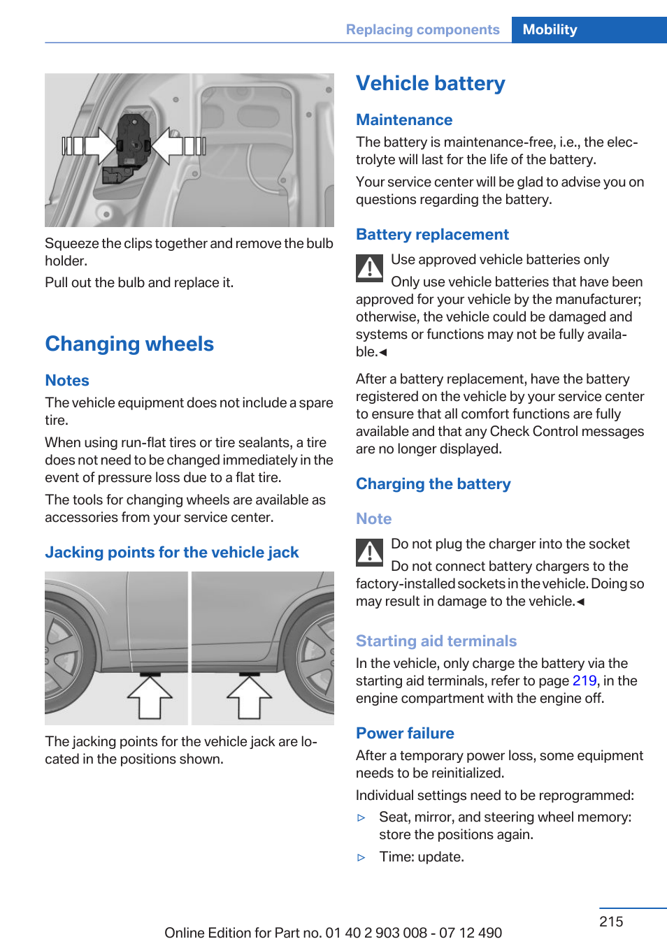 Changing wheels, Vehicle battery | BMW 2013 5 Series User Manual | Page 215 / 252