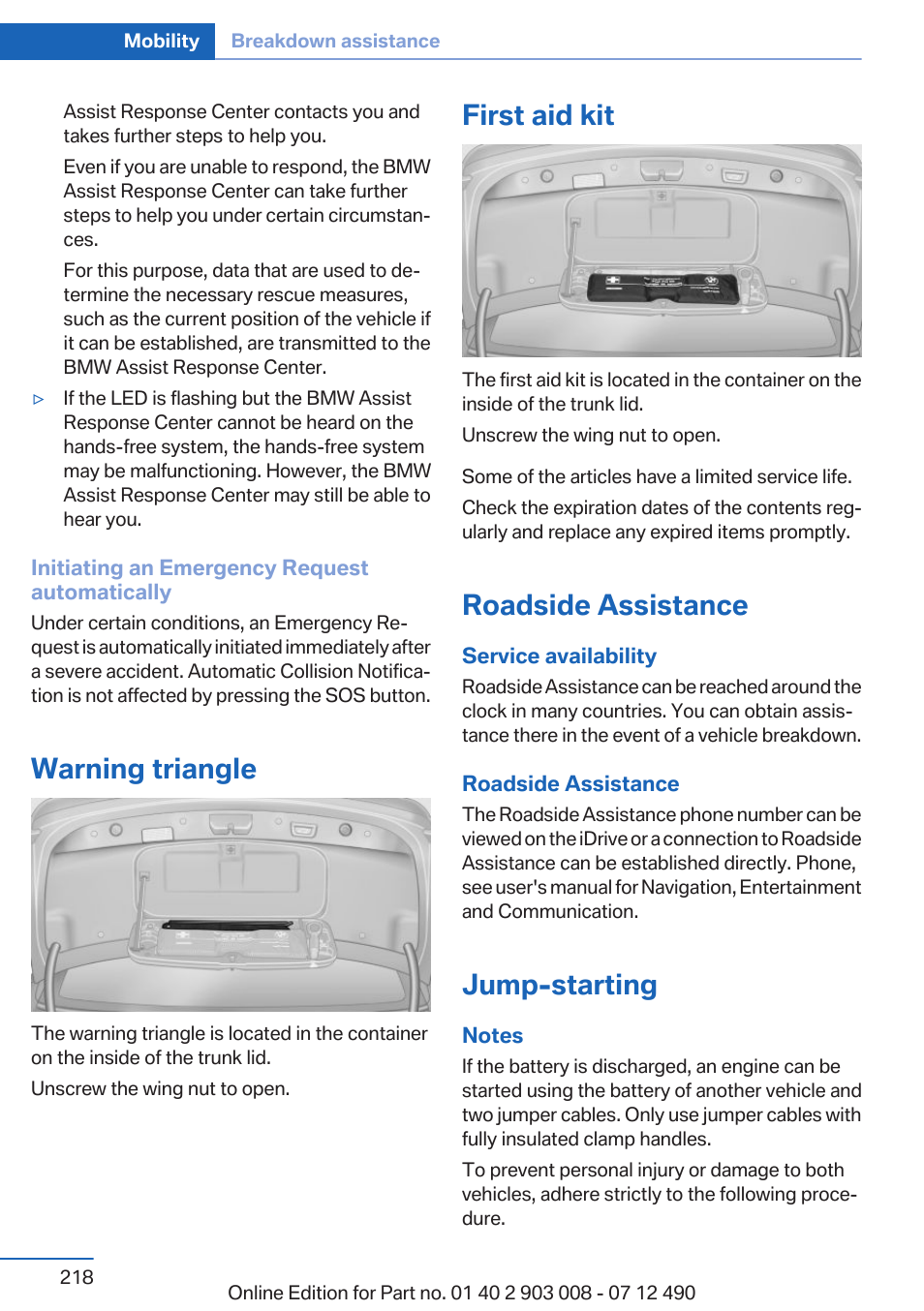 Warning triangle, First aid kit, Roadside assistance | Jump-starting | BMW 2013 5 Series User Manual | Page 218 / 252