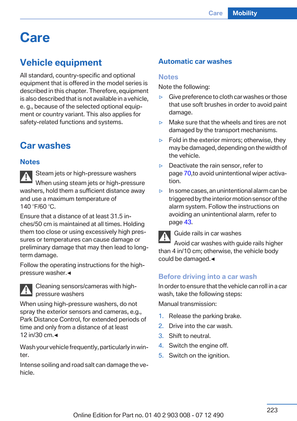 Care, Vehicle equipment, Car washes | BMW 2013 5 Series User Manual | Page 223 / 252