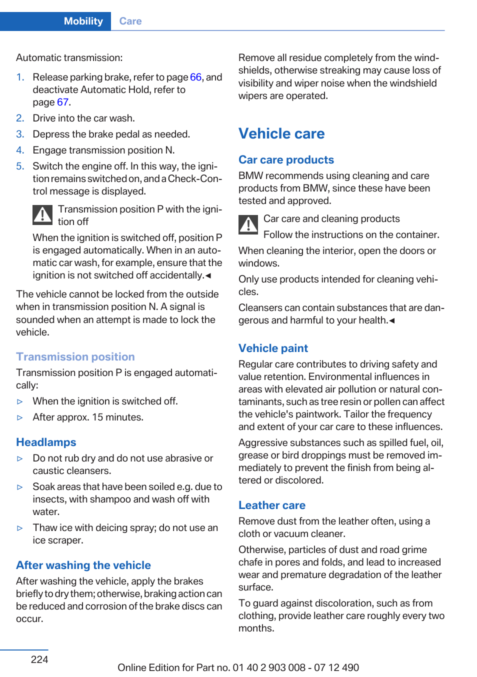 Vehicle care | BMW 2013 5 Series User Manual | Page 224 / 252