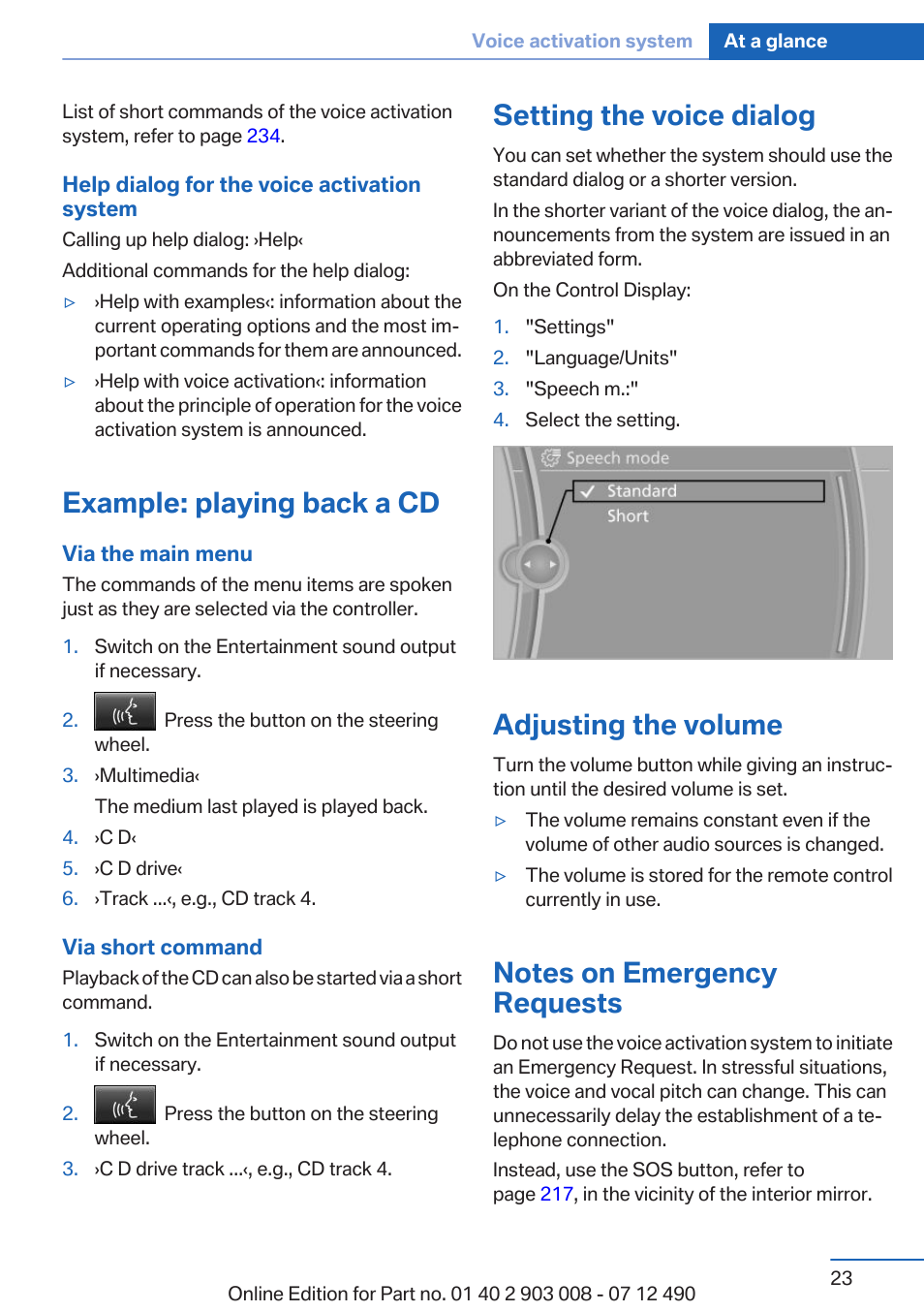 Example: playing back a cd, Setting the voice dialog, Adjusting the volume | Notes on emergency requests | BMW 2013 5 Series User Manual | Page 23 / 252