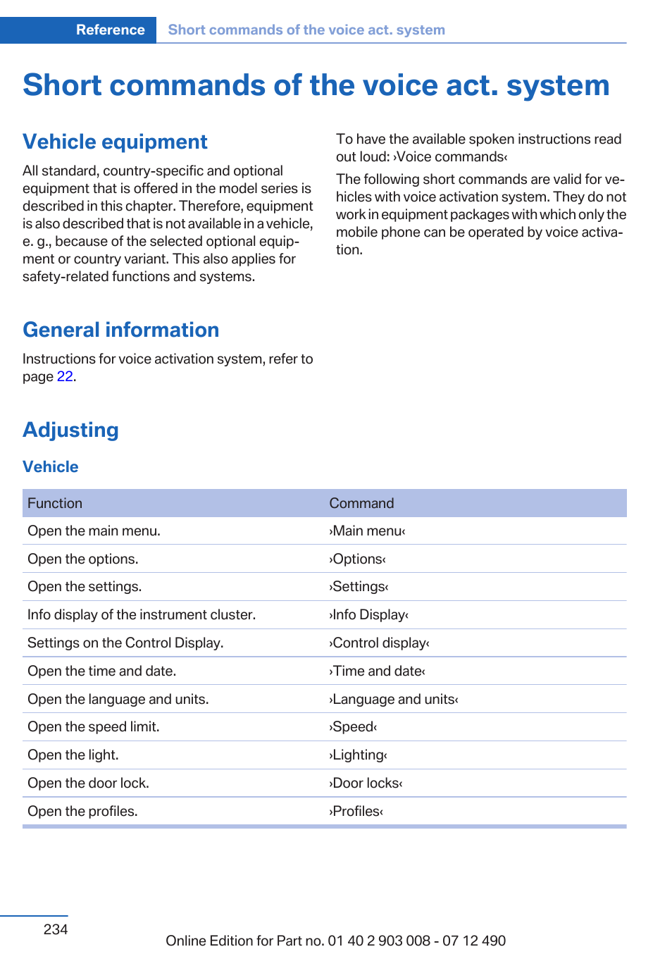 Short commands of the voice act. system, Vehicle equipment, General information | Adjusting | BMW 2013 5 Series User Manual | Page 234 / 252