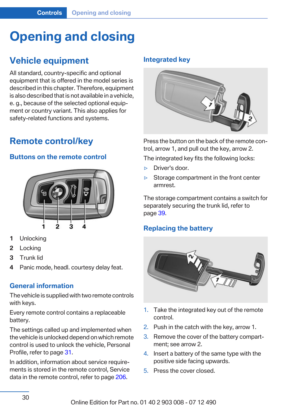 Opening and closing, Vehicle equipment, Remote control/key | BMW 2013 5 Series User Manual | Page 30 / 252