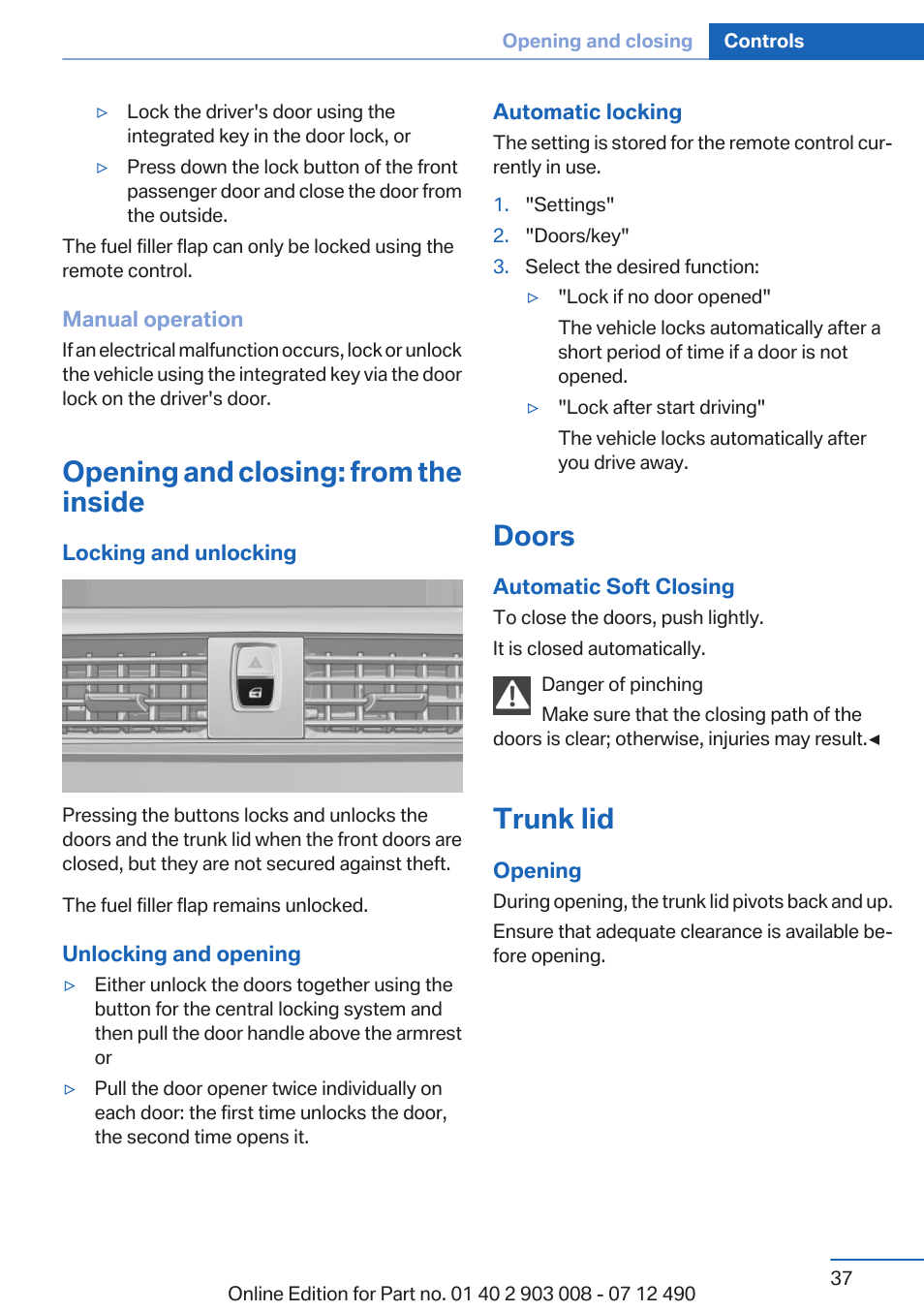 Opening and closing: from the inside, Doors, Trunk lid | Central locking system | BMW 2013 5 Series User Manual | Page 37 / 252