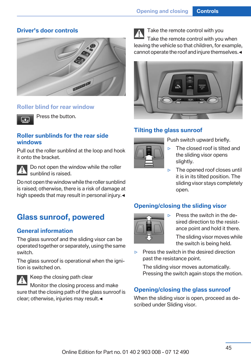 Glass sunroof, powered | BMW 2013 5 Series User Manual | Page 45 / 252