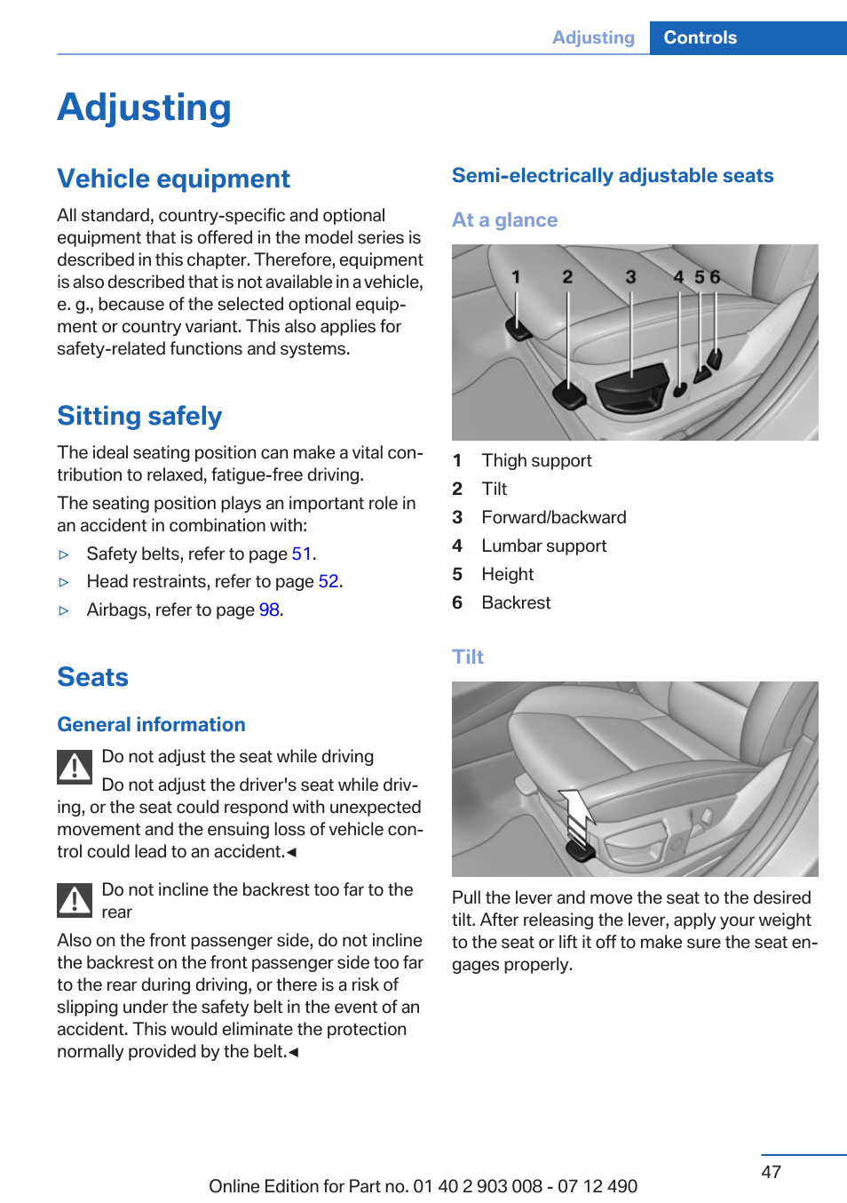 Adjusting, Vehicle equipment, Sitting safely | Seats | BMW 2013 5 Series User Manual | Page 47 / 252