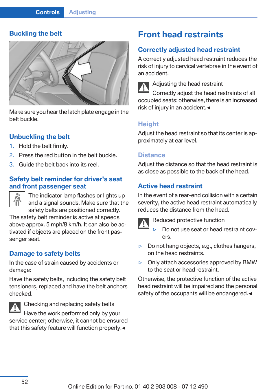 Front head restraints | BMW 2013 5 Series User Manual | Page 52 / 252