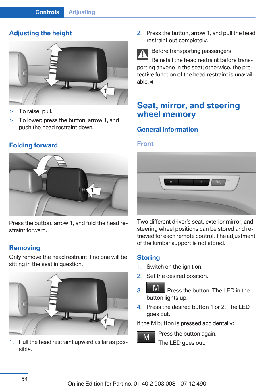 Seat, mirror, and steering wheel memory | BMW 2013 5 Series User Manual | Page 54 / 252