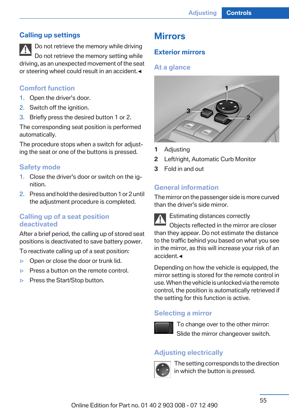 Mirrors, Exterior mirror operation | BMW 2013 5 Series User Manual | Page 55 / 252