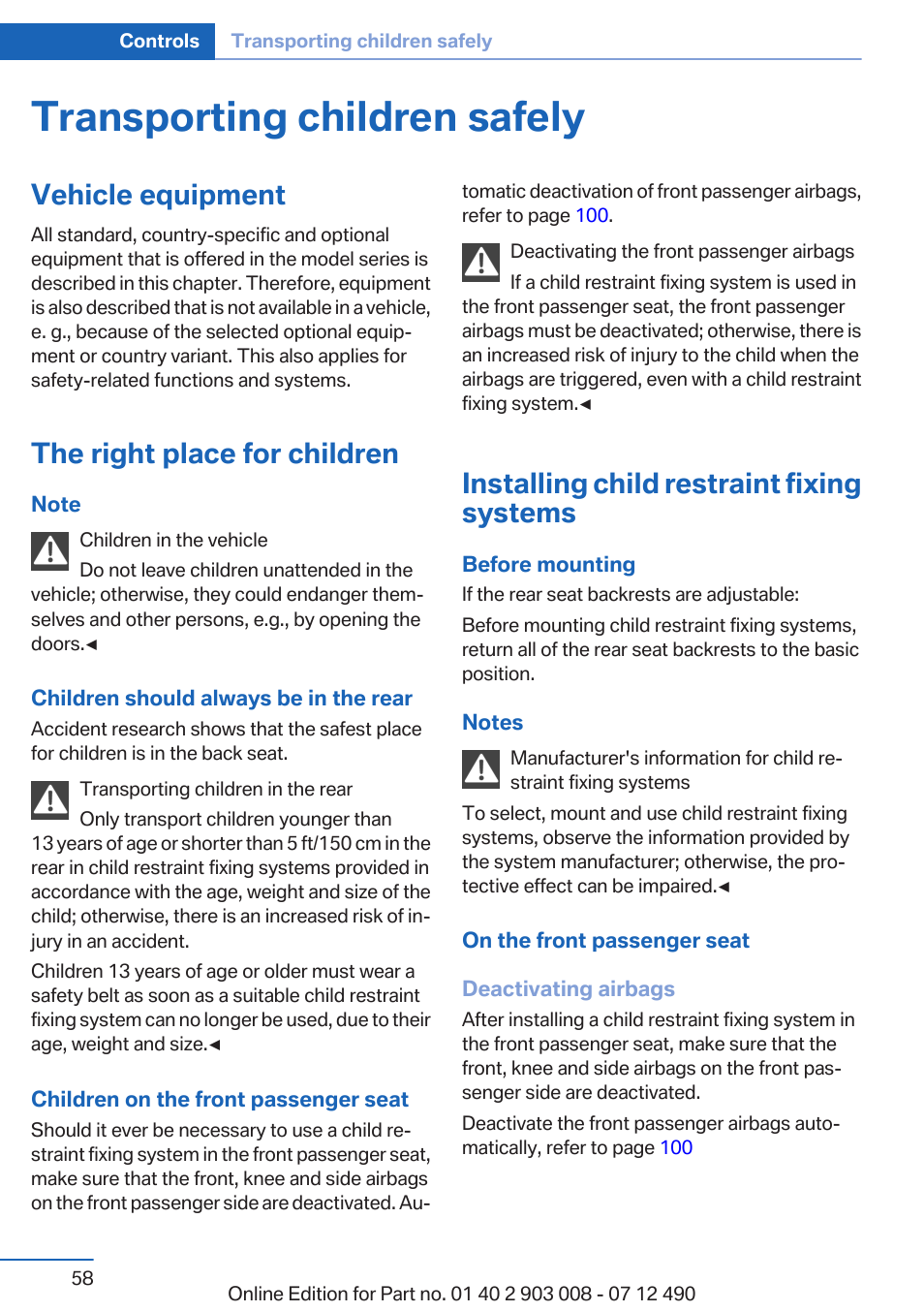 Transporting children safely, Vehicle equipment, The right place for children | Installing child restraint fixing systems | BMW 2013 5 Series User Manual | Page 58 / 252