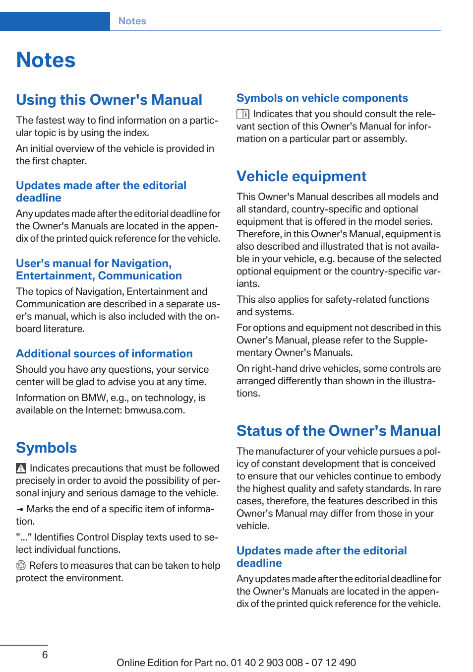 Notes, Using this owner's manual, Symbols | Vehicle equipment, Status of the owner's manual | BMW 2013 5 Series User Manual | Page 6 / 252