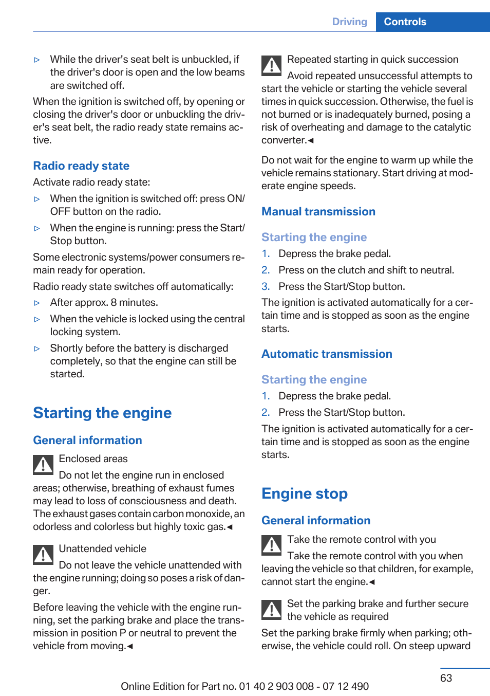 Starting the engine, Engine stop | BMW 2013 5 Series User Manual | Page 63 / 252