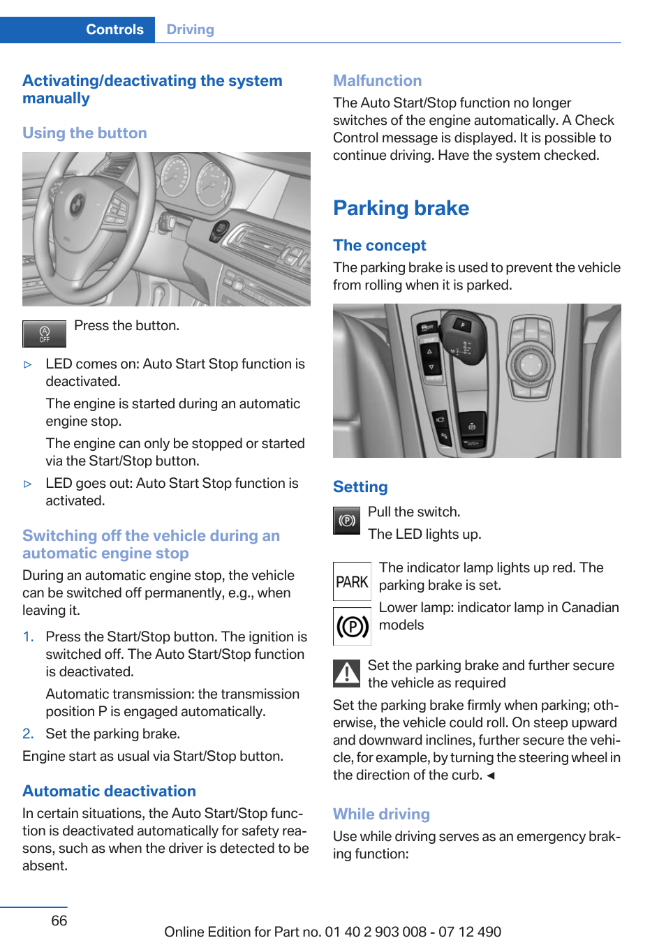 Parking brake | BMW 2013 5 Series User Manual | Page 66 / 252