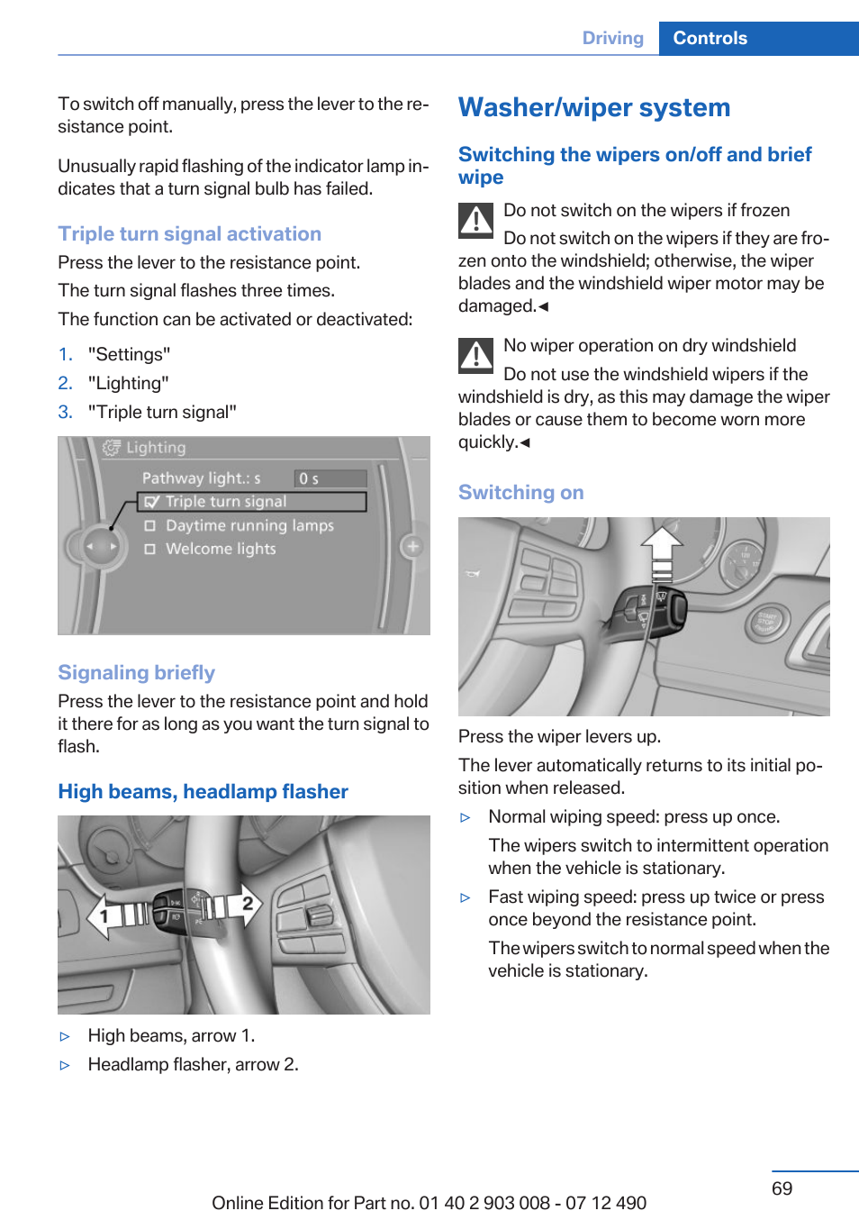 Washer/wiper system, Lamps | BMW 2013 5 Series User Manual | Page 69 / 252