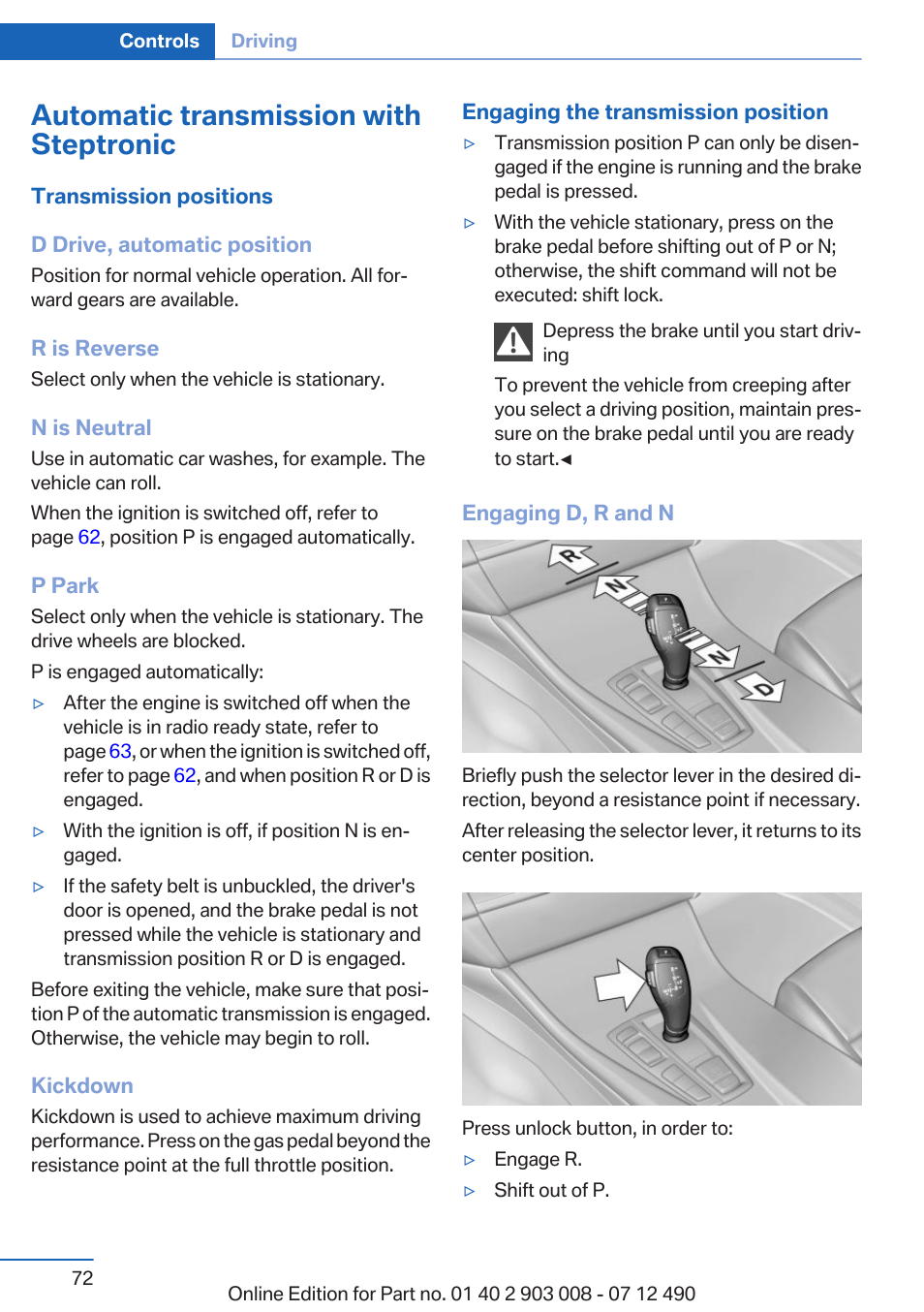 Automatic transmission with steptronic | BMW 2013 5 Series User Manual | Page 72 / 252