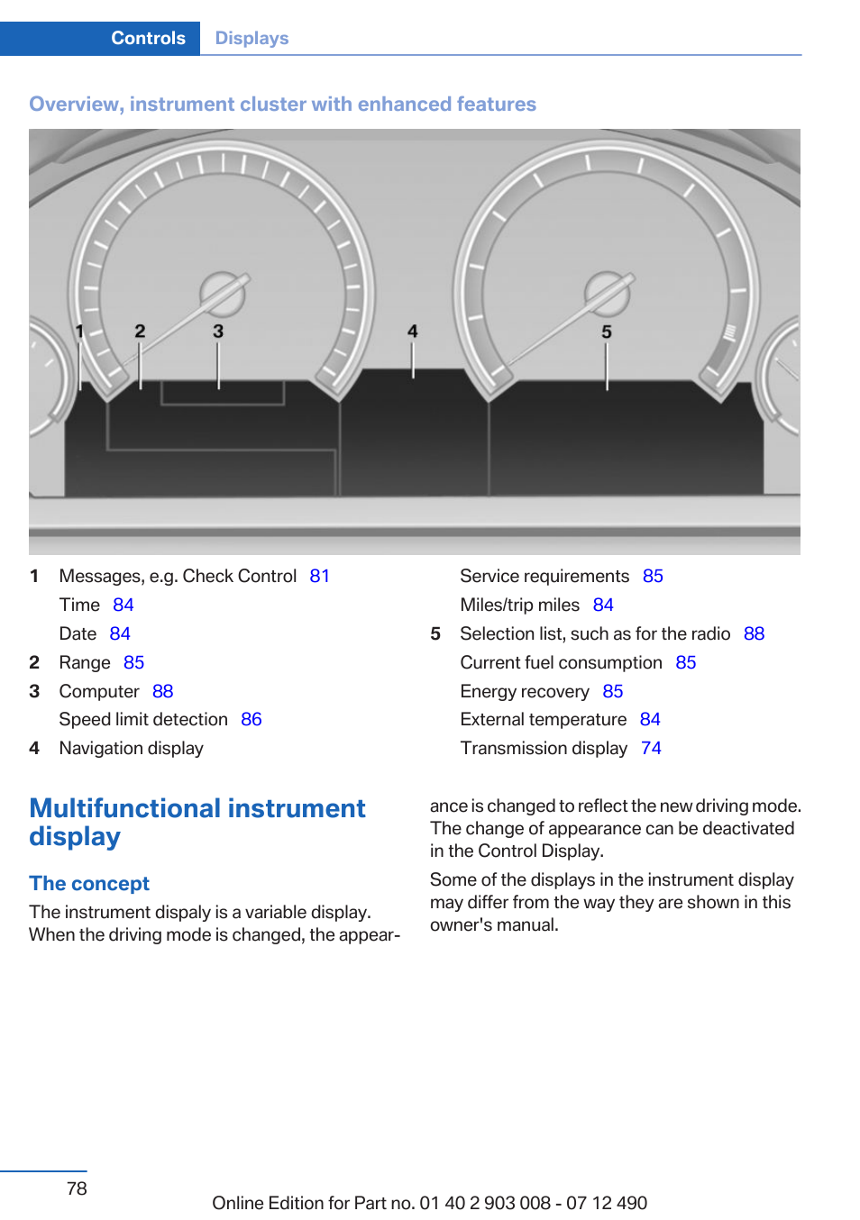 Multifunctional instrument display | BMW 2013 5 Series User Manual | Page 78 / 252