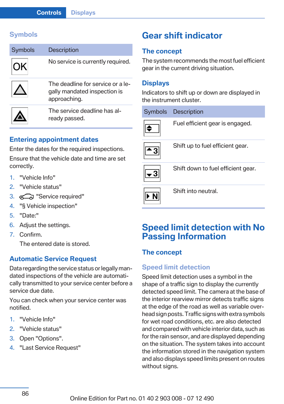 Gear shift indicator, Speed limit detection with no passing information | BMW 2013 5 Series User Manual | Page 86 / 252