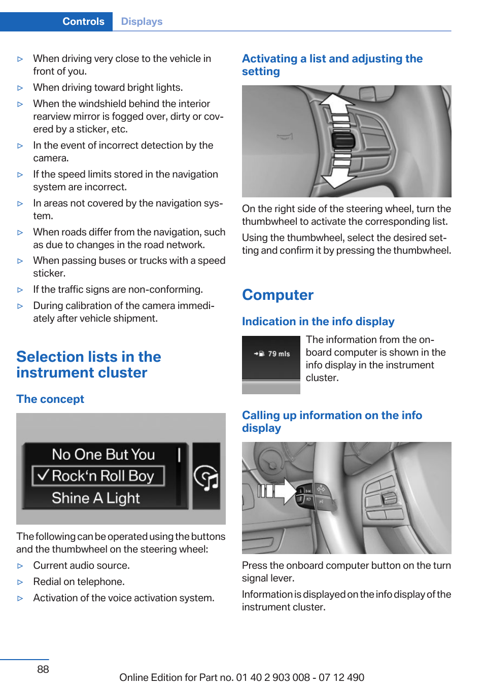 Selection lists in the instrument cluster, Computer, Thumbwheel for selection lists | Selection list, such as for the radio | BMW 2013 5 Series User Manual | Page 88 / 252