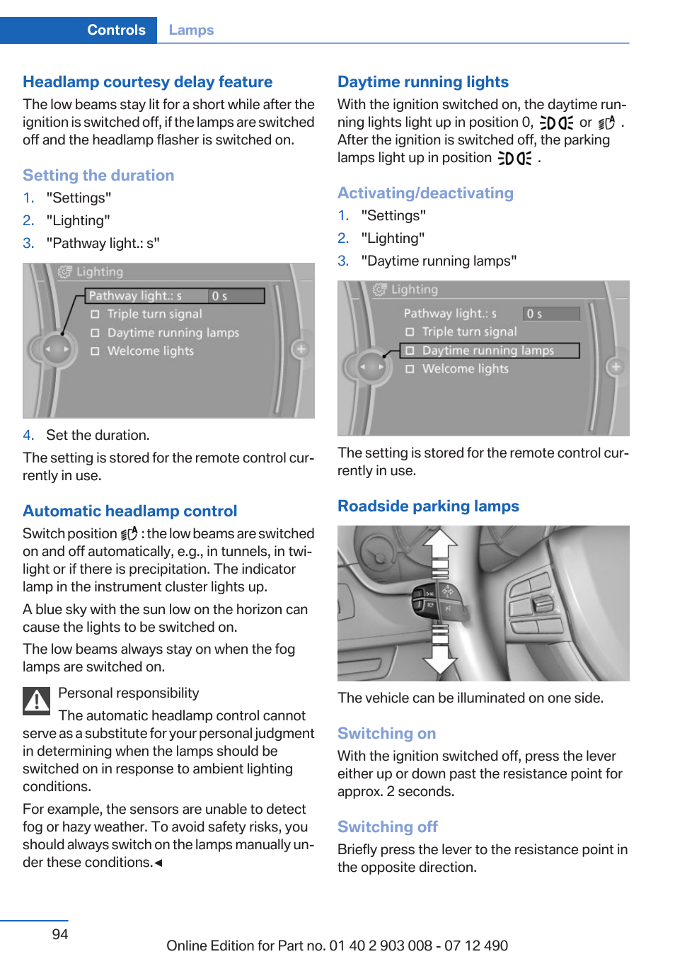 Daytime running lights | BMW 2013 5 Series User Manual | Page 94 / 252