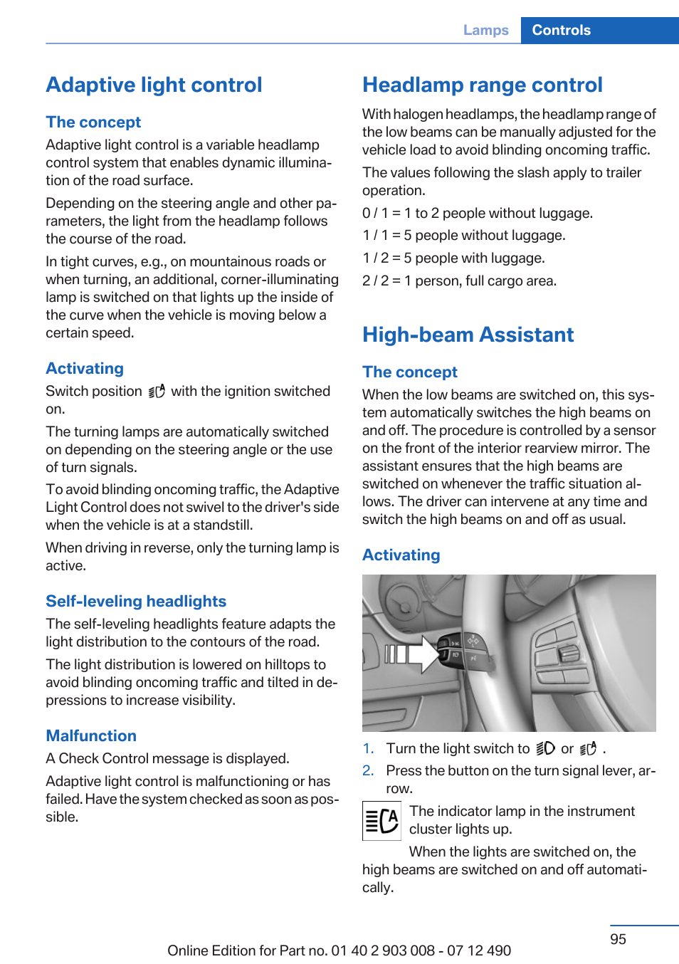 Adaptive light control, Headlamp range control, High-beam assistant | BMW 2013 5 Series User Manual | Page 95 / 252