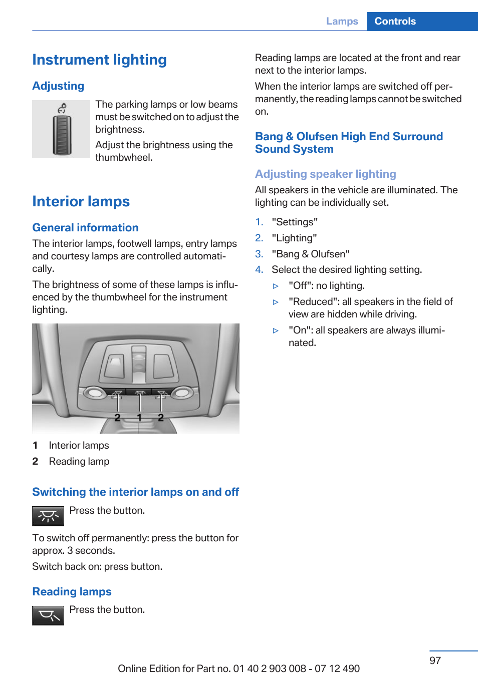 Instrument lighting, Interior lamps | BMW 2013 5 Series User Manual | Page 97 / 252