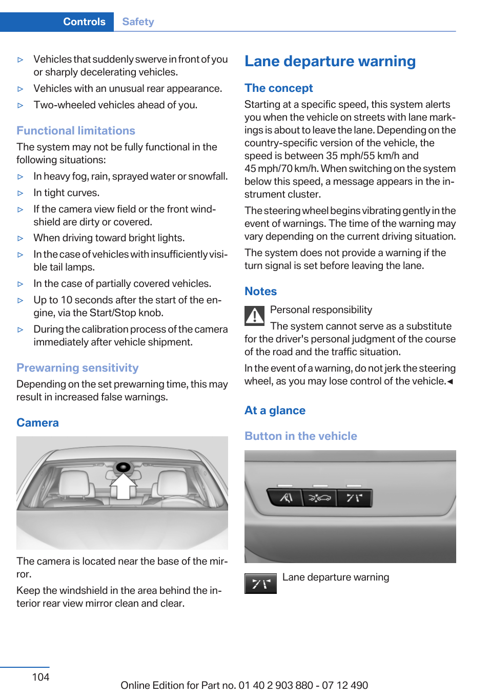 Lane departure warning | BMW 2013 3 Series User Manual | Page 104 / 242