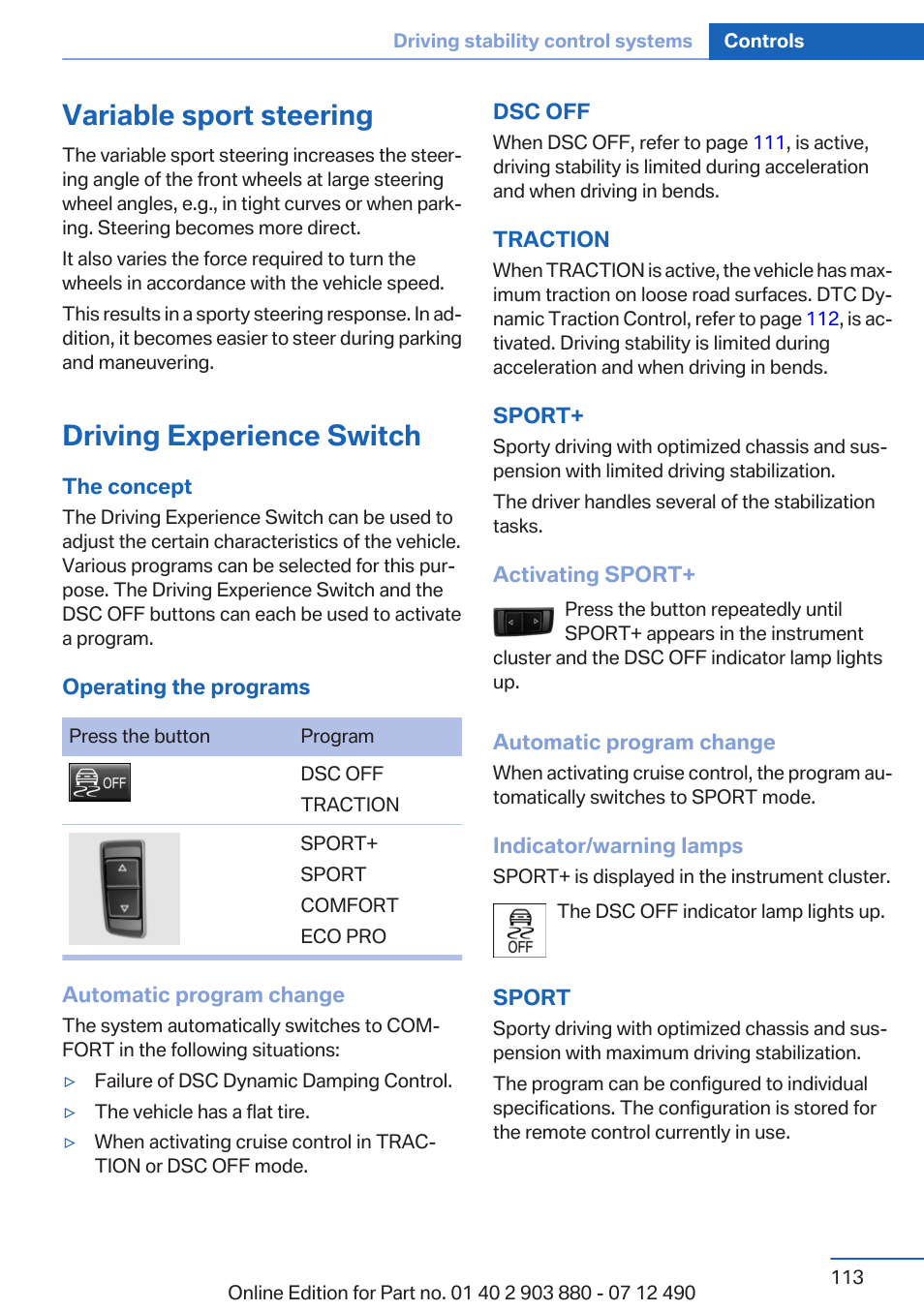 Variable sport steering, Driving experience switch, Status, driving experience switch | BMW 2013 3 Series User Manual | Page 113 / 242